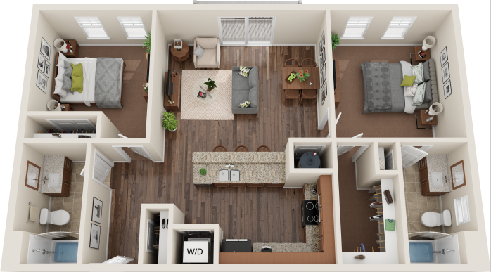 Floor plan for 2 beds, 2 baths, 1018 sqft